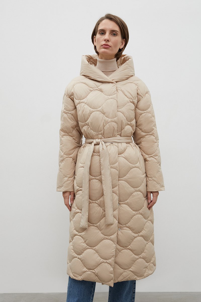 Стеганое пуховое пальто с поясом, Модель FWC11008, Фото №1