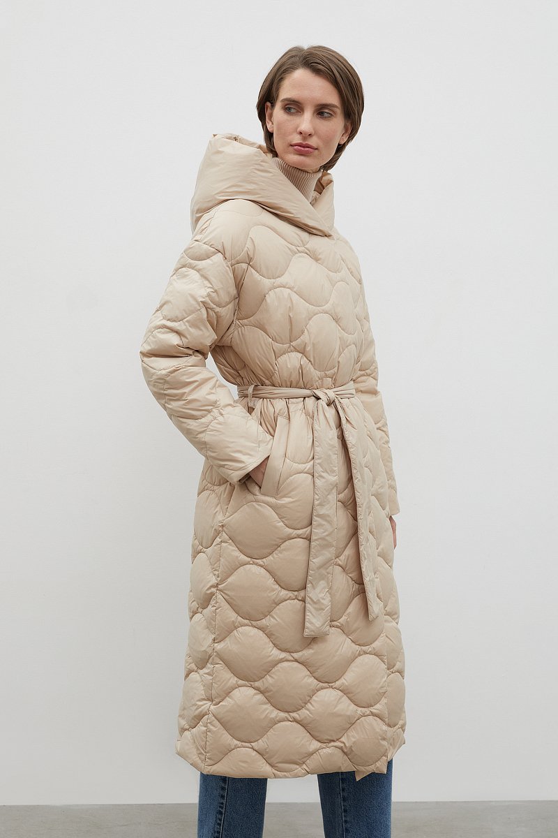Стеганое пуховое пальто с поясом, Модель FWC11008, Фото №4