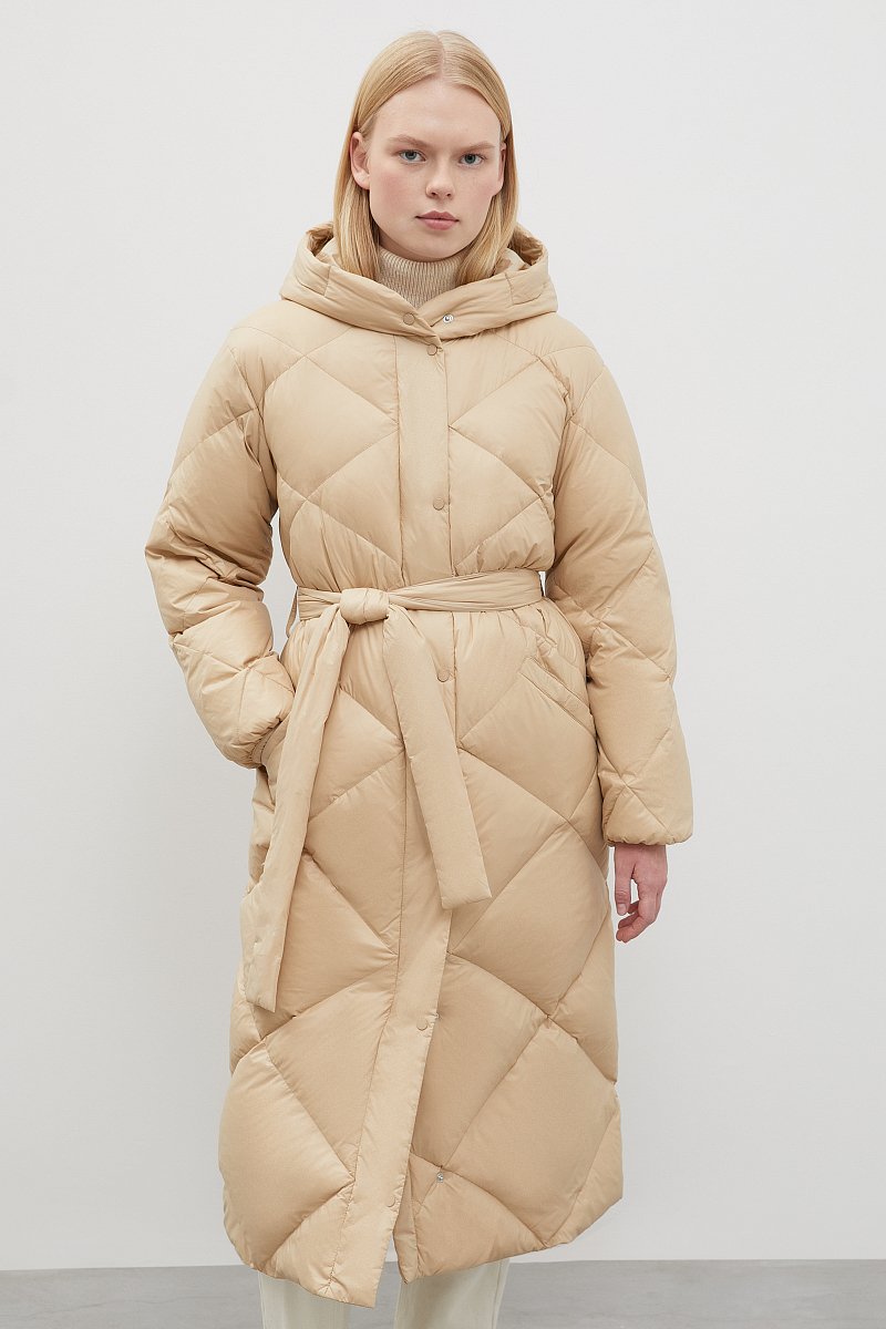 Стеганое пуховое пальто с поясом, Модель FWC11052, Фото №1