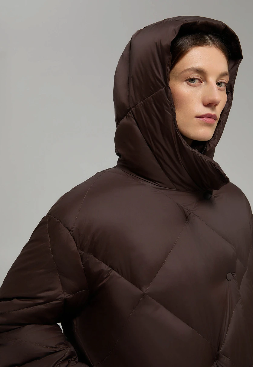 Пуховое пальто с капюшоном и воротником-стойкой, Модель FWE11007, Фото №6