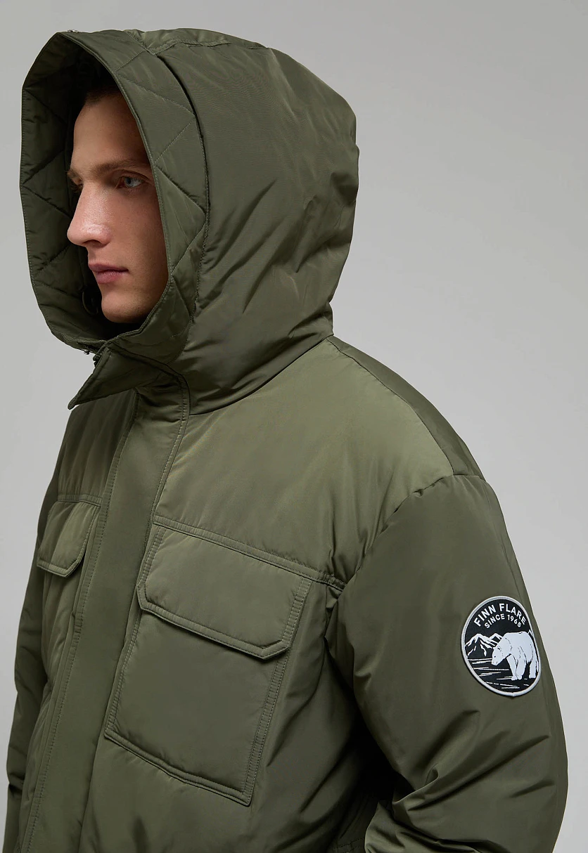 Пуховое пальто с накладными карманами Хаки FWE21039Купить в интернет-магазине FINN FLARE, предосмотр фото №5 Пуховое пальто с накладными карманами, Модель FWE21039, Фото №5