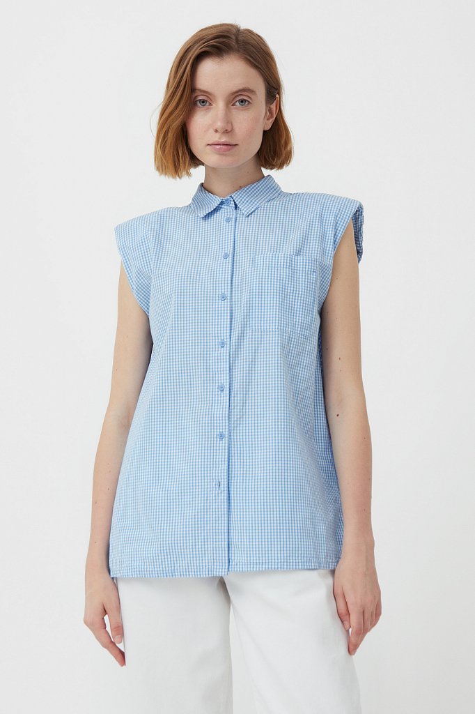 Хлопковая блузка с подплечниками, Модель S21-14055, Фото №1