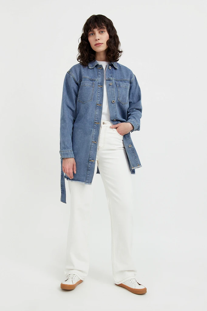 Джинсовая куртка-рубашка с поясом, Модель S21-15017, Фото №2