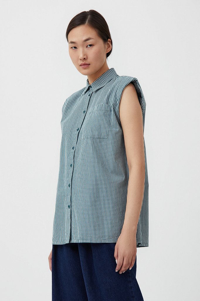 Хлопковая блузка с подплечниками, Модель S21-14055, Фото №3